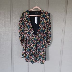 ASOS Wrap Mini Tea Dress Size 0 Boho Cotton Long Sleeve In Black Floral Spot